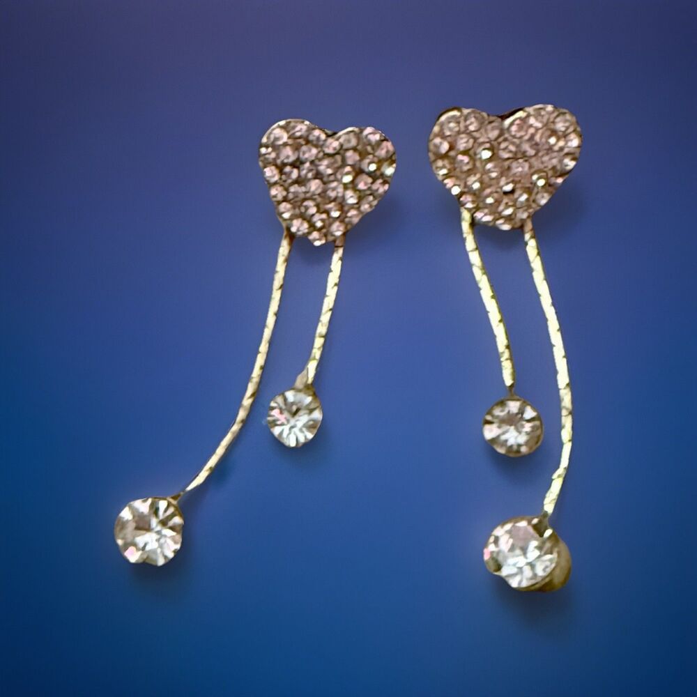 Crystal Heart Earrings Gold Tone - Dangle Chain - Fashion Jewelry